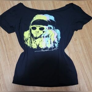 Kurt Cobain Nirvana Off The Shoulder Band Tee Womens Size Medium